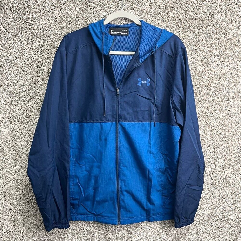 Under Armour Jacket Men’s Large Blue Lightweight Loose Hooded Zip Up Windbreaker